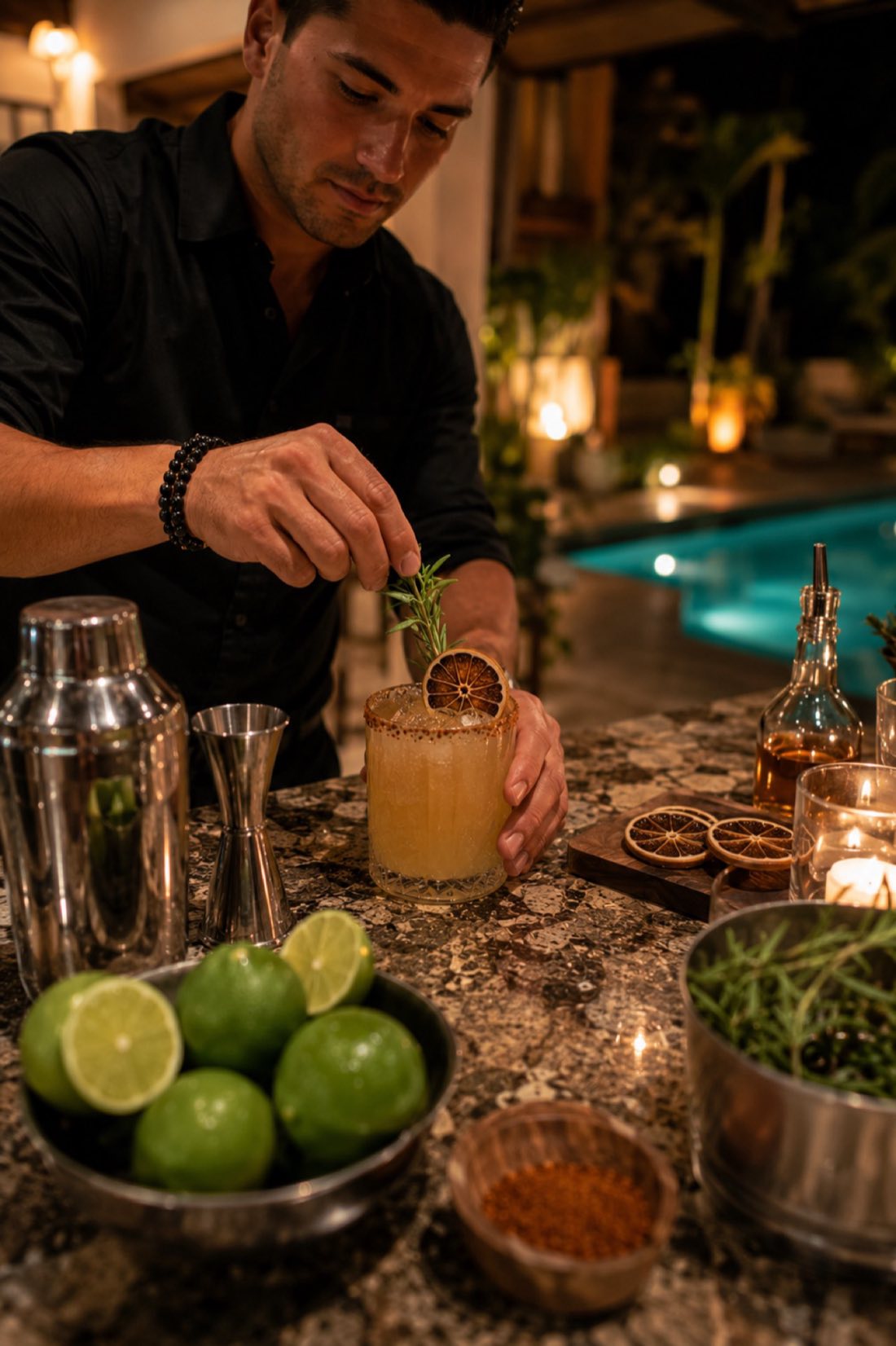 Mixólogo decora un coctel con romero junto a la alberca