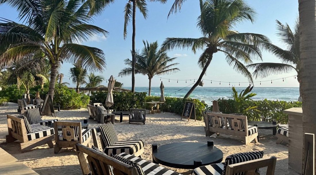 Lounge frente al mar con sillas rayadas y palmeras