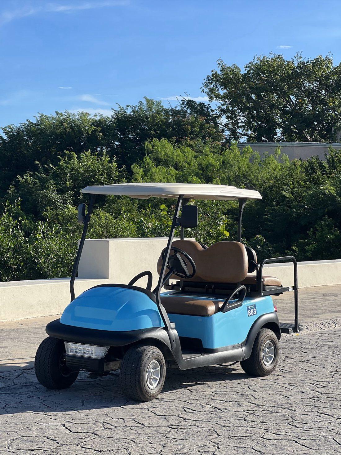 Carrito de golf azul estacionado en un sendero empedrado