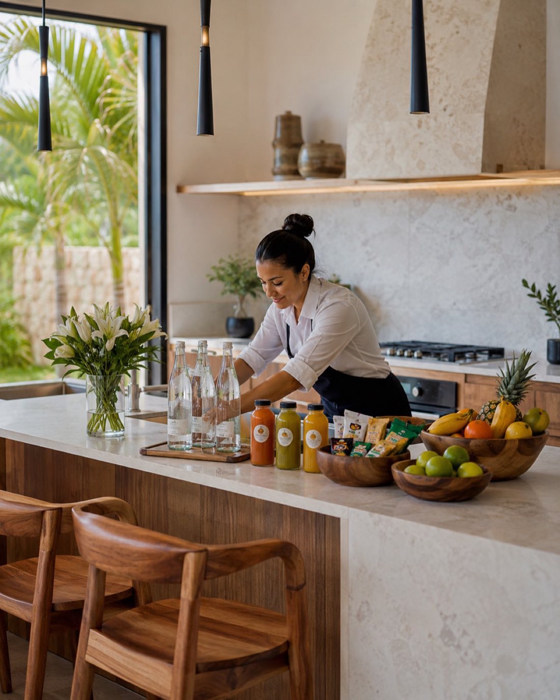 Chef privada dispone jugos y fruta fresca en cocina de villa