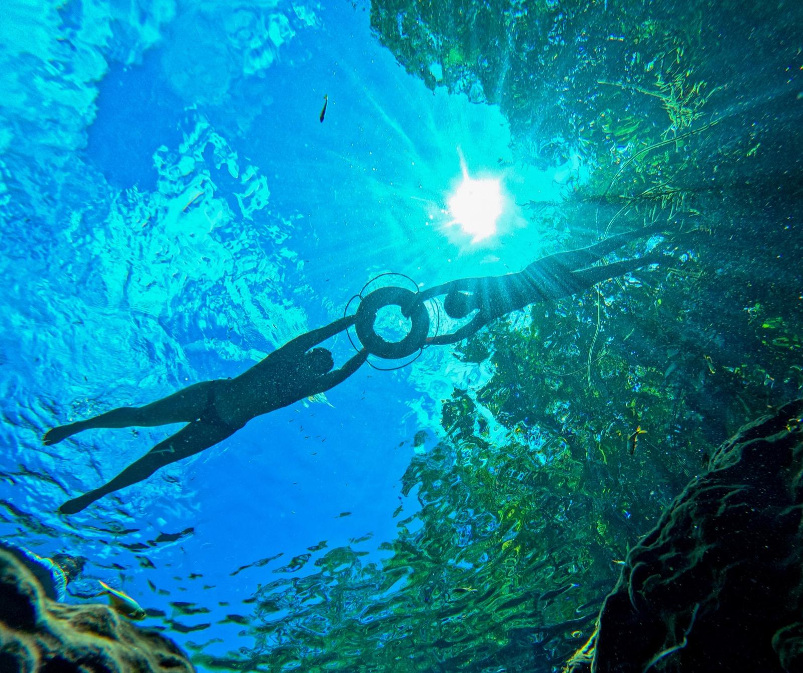 A freediver descends through beams of daylight in the deep blue water of a cenote.
