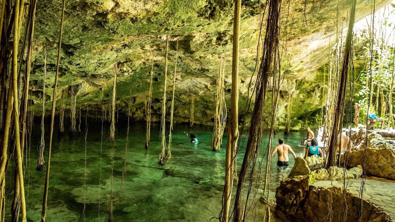 Cenote abierto en la selva enmarcado por largas lianas colgantes, con agua cristalina color esmeralda y algunos bañistas bajo la luz del día.