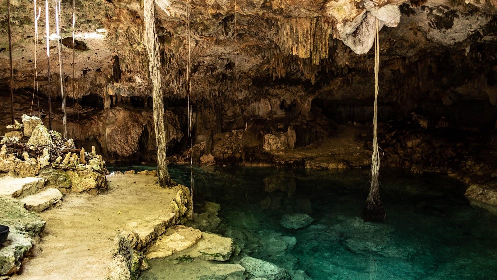 Cenote tipo caverna con estalactitas y raíces colgantes sobre una tranquila poza turquesa rodeada de roca clara.