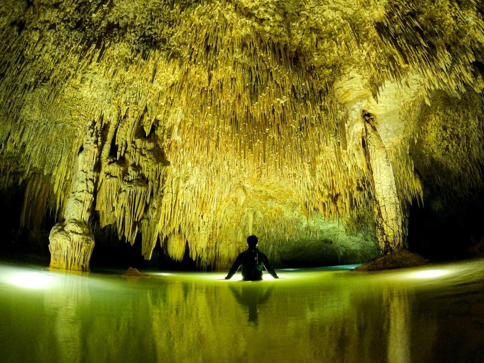 A lone figure stands waist-deep in the still, golden-lit water of a cavern cenote, surrounded by dense stalactites hanging from the rock ceiling.