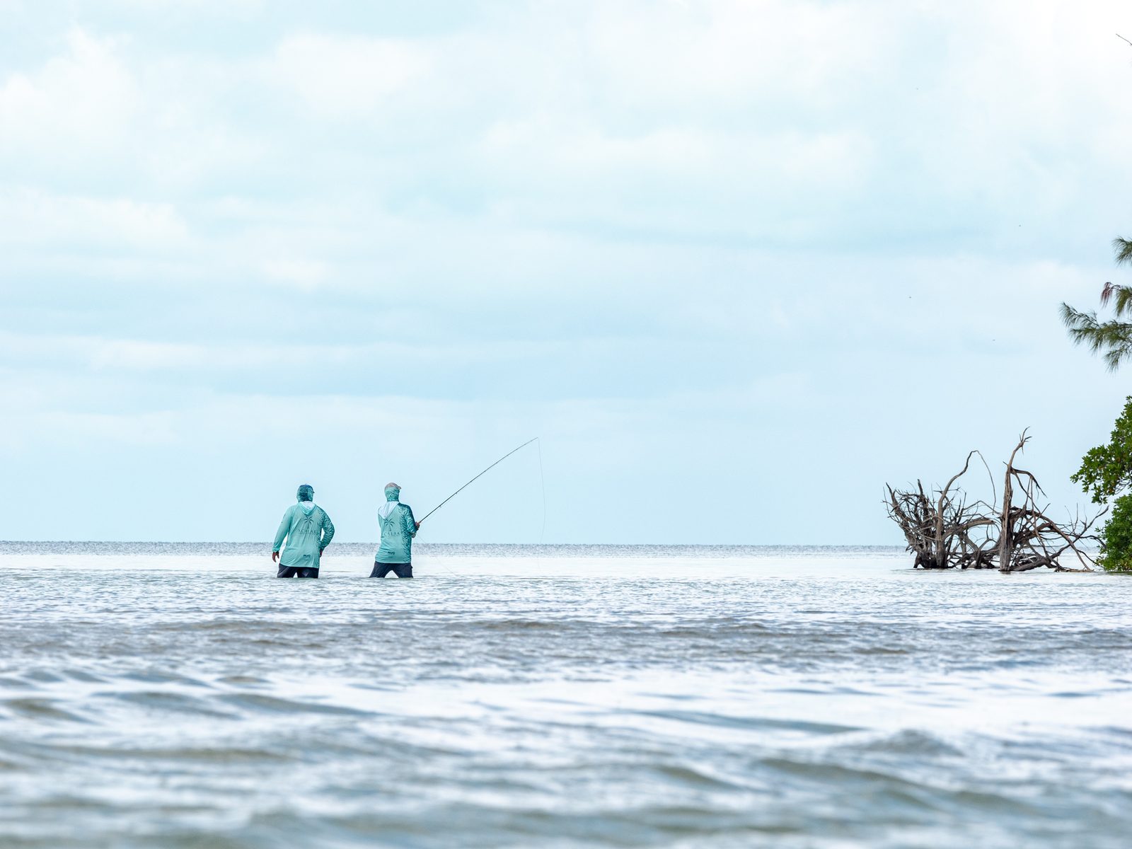 Dos pescadores vadeando los flats de Xcalak bajo un cielo amplio, con el manglar al borde