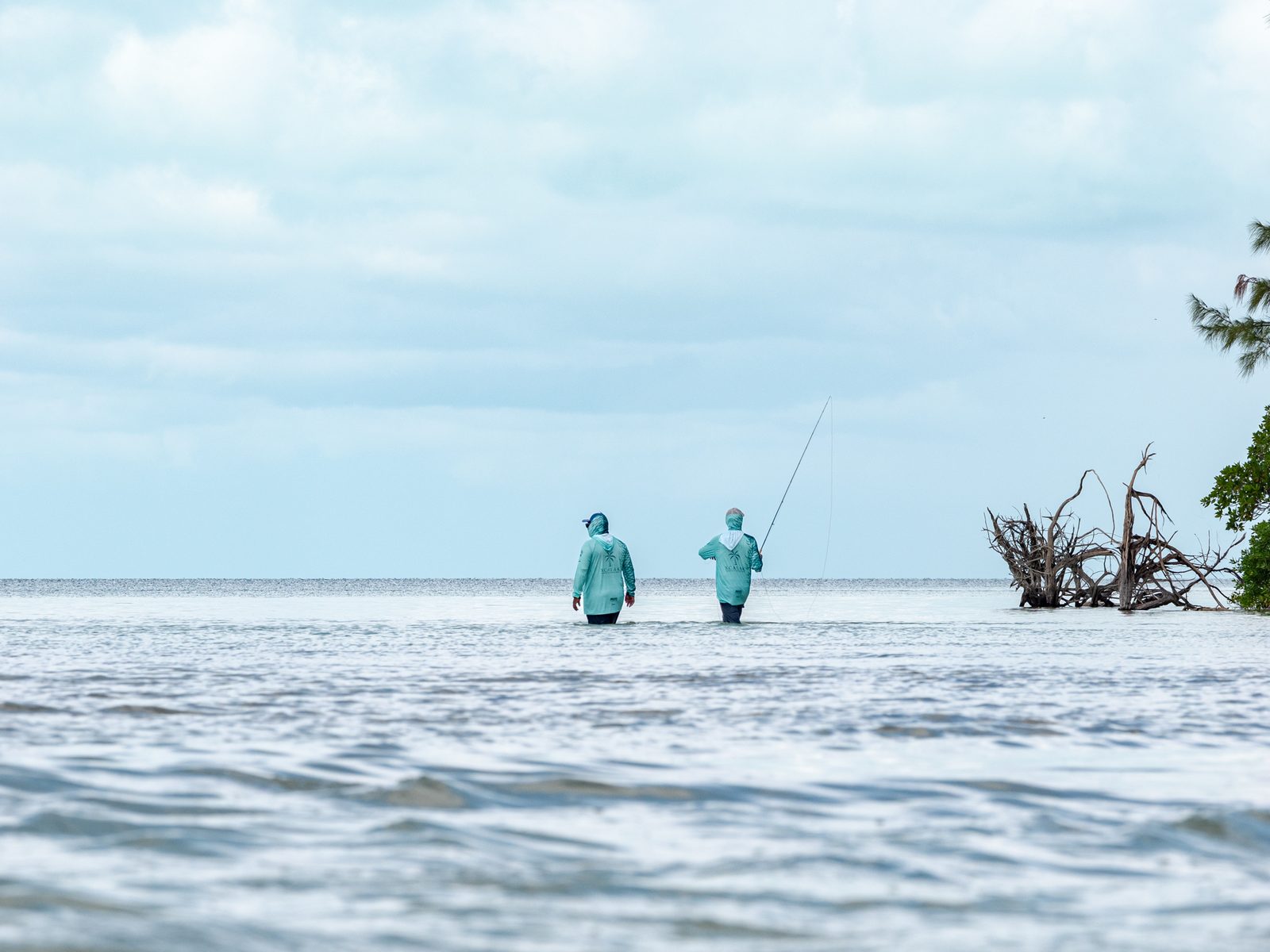 Dos pescadores a lo lejos en los flats, con troncos secos en la orilla