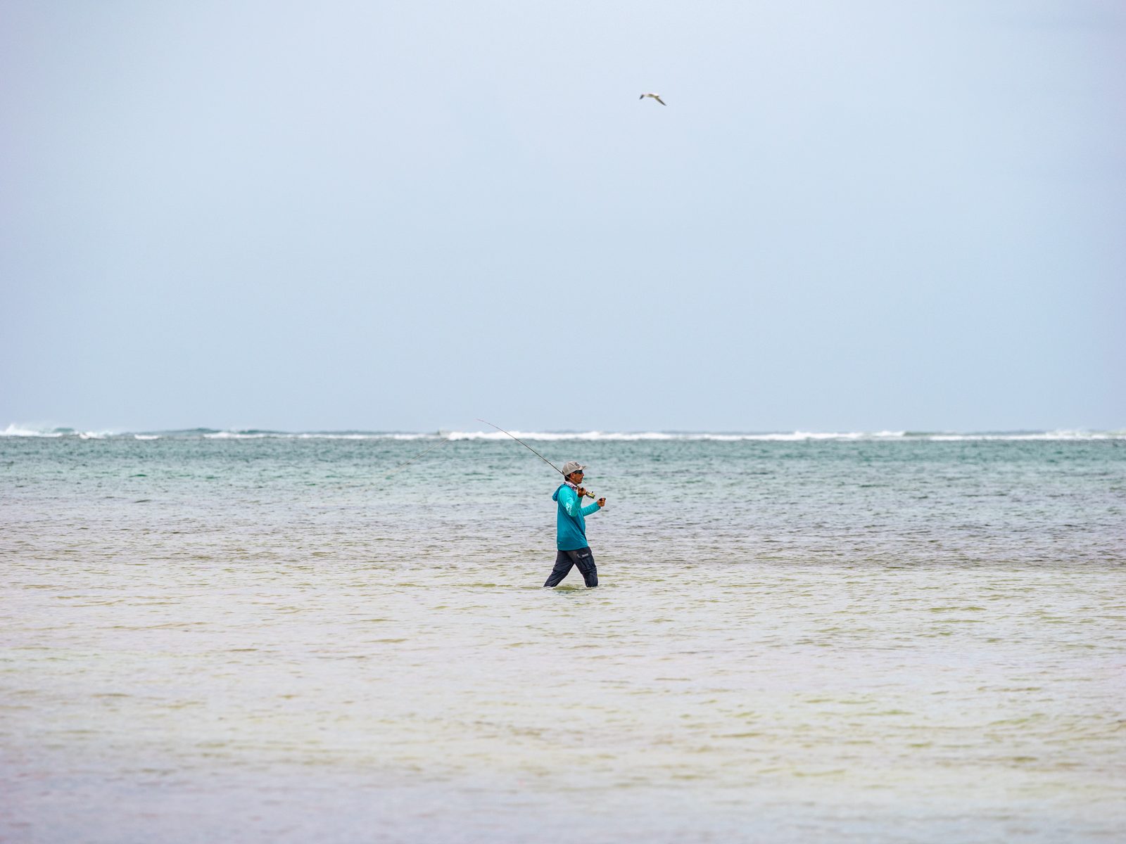 Un pescador vadeando los flats con la línea del arrecife al fondo