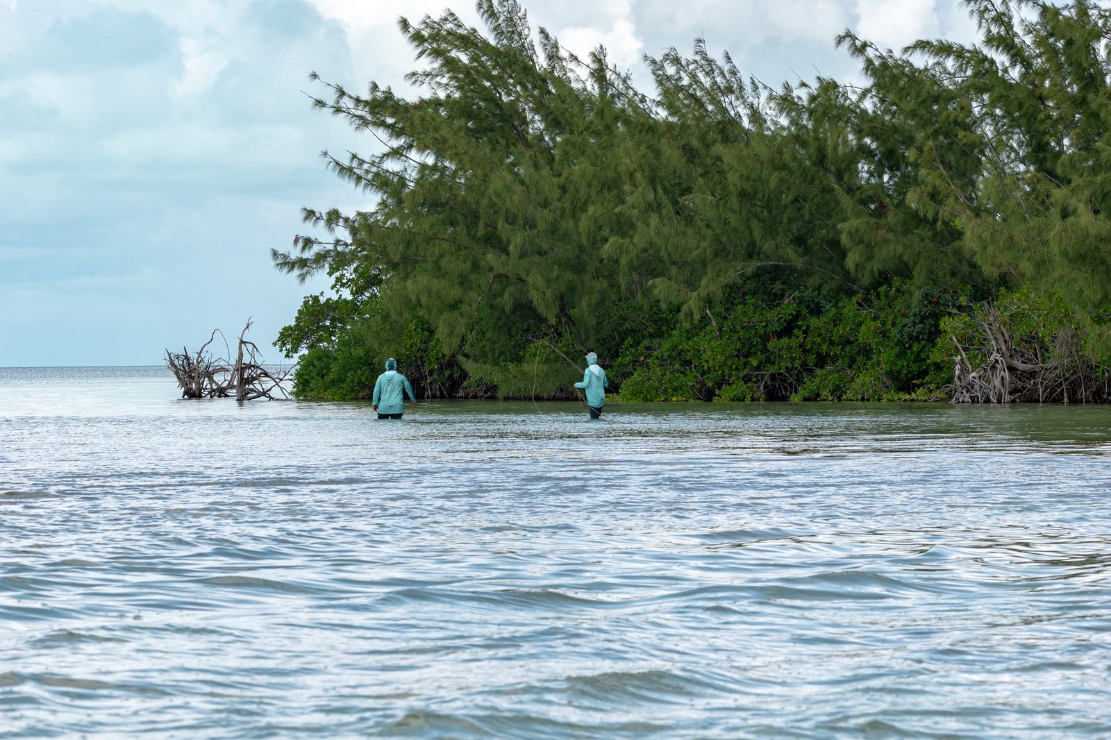 Dos pescadores en los flats junto a un islote de manglar en Xcalak