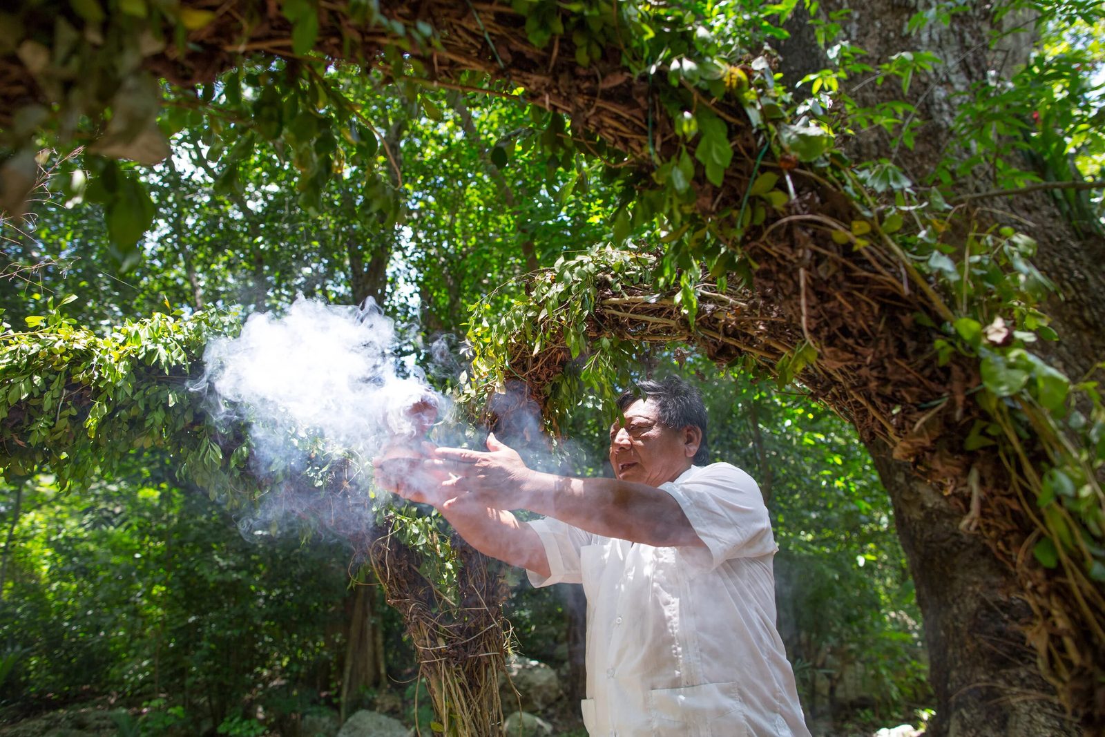 A Mayan purification ceremony with copal smoke in the forest