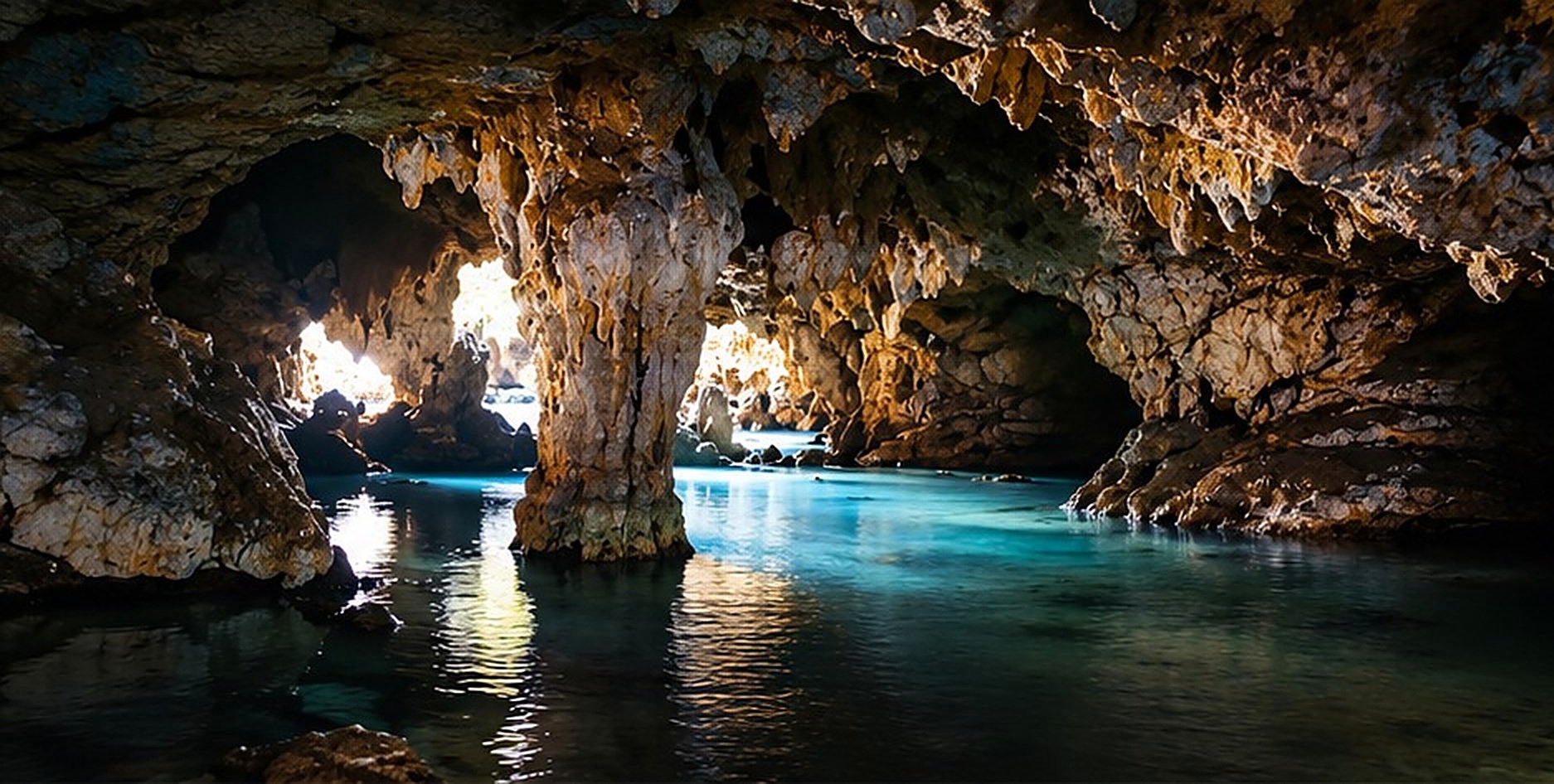 A turquoise lagoon inside a cave lit by daylight