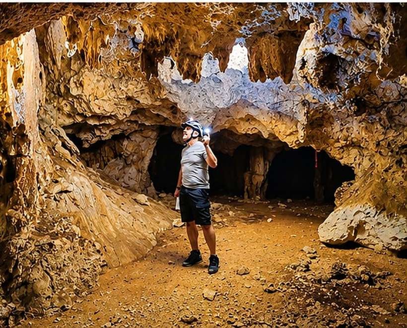 A rider with a headlamp looking up at the cave ceiling