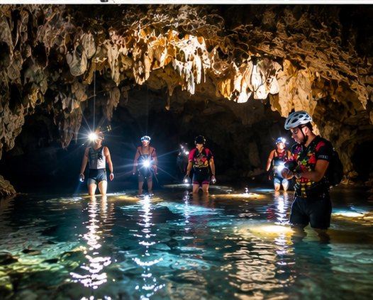 A group with headlamps wading through cave water