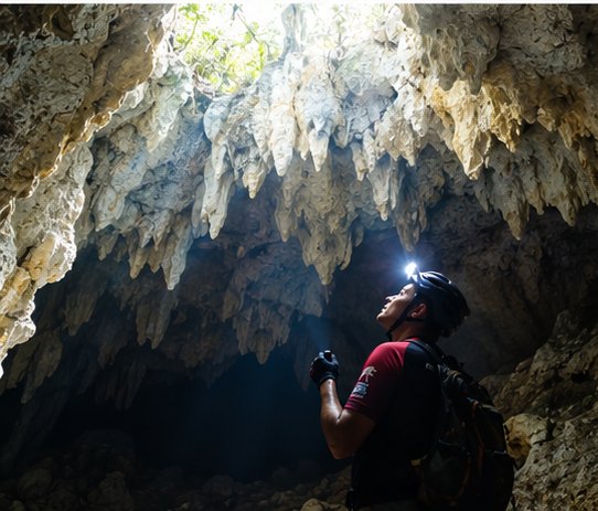A rider looking up at stalactites under a cave opening