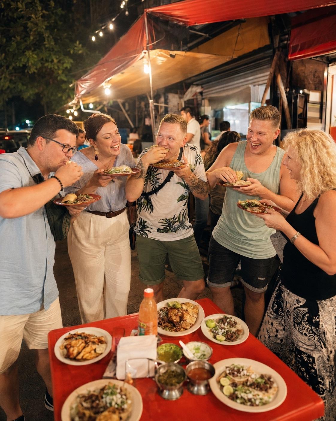 A group of friends laughing and eating tacos around a red table at a lively street-food spot at night.
