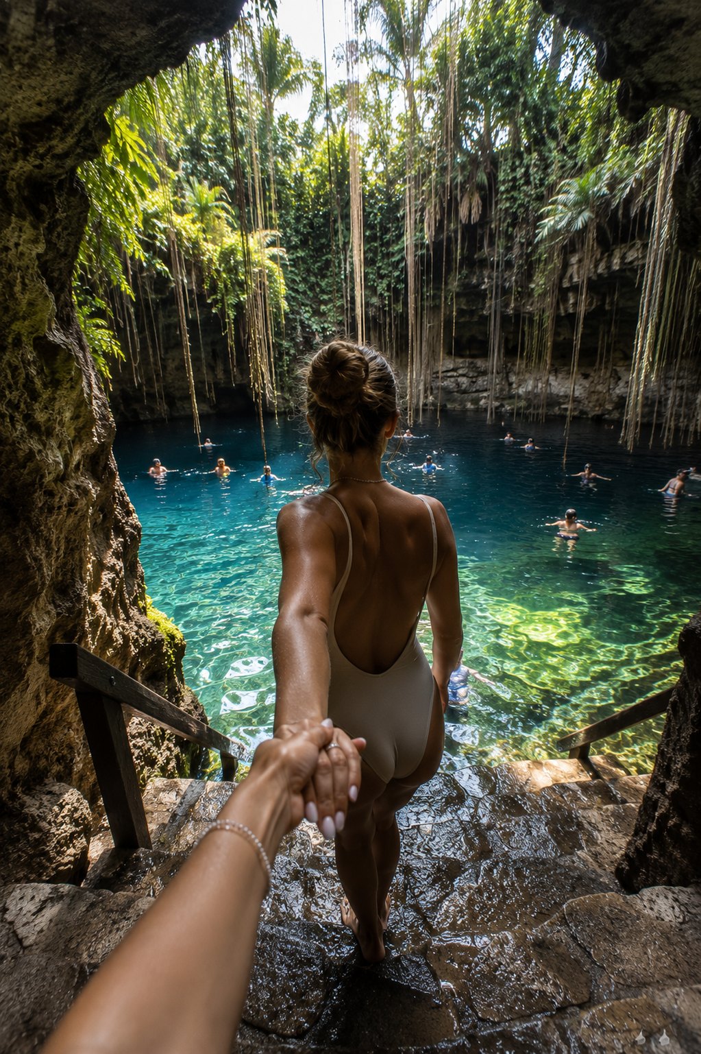 De la mano hacia un cenote de la Riviera Maya