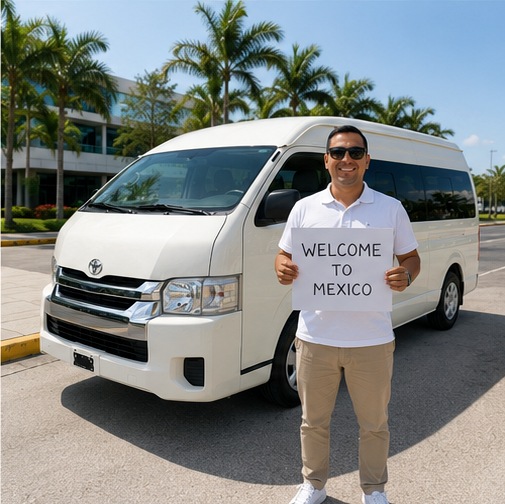 Chofer de Community Concierge sosteniendo un cartel de Welcome to Mexico
