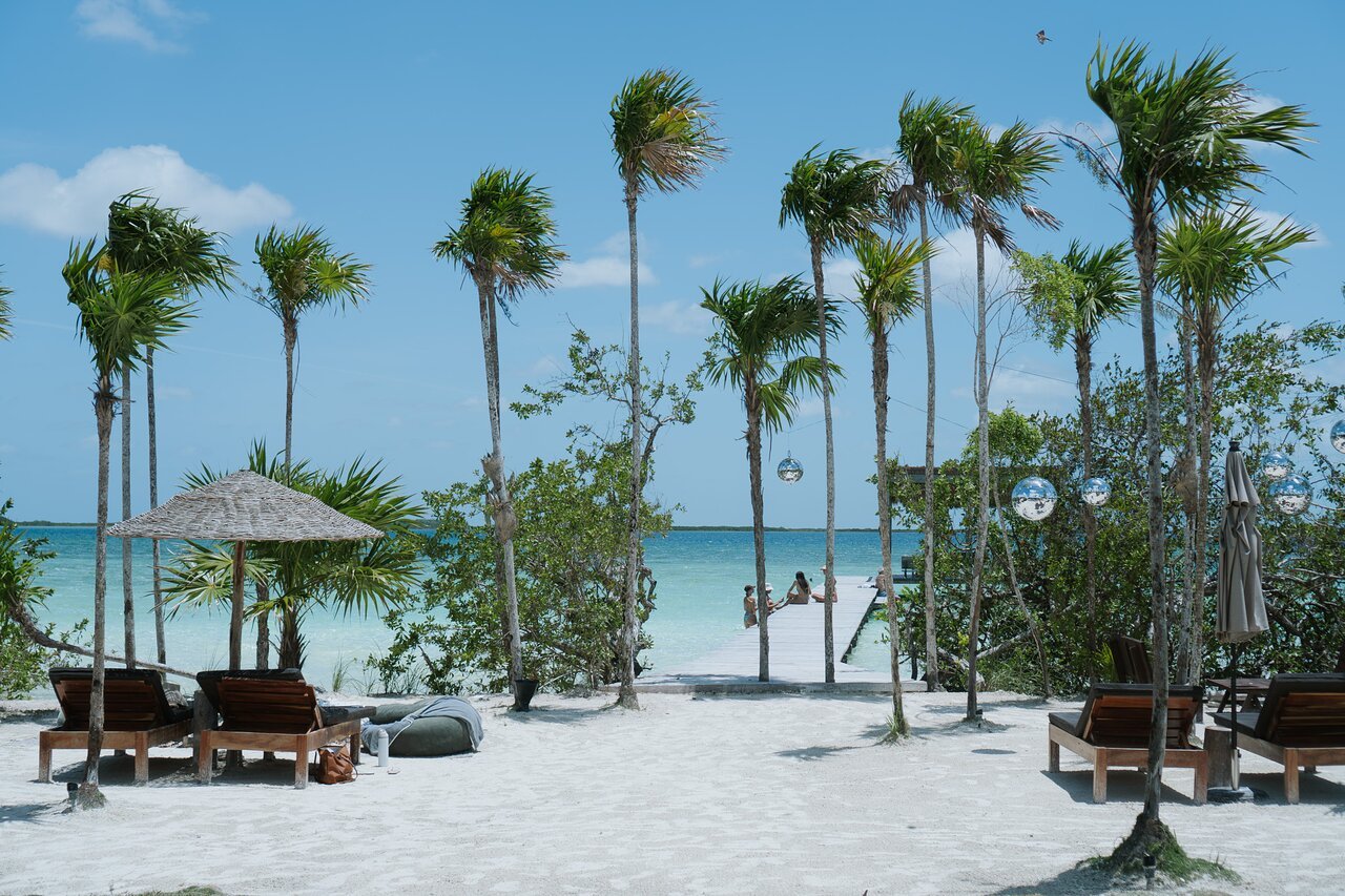 White sand, palms and loungers on the shore of the lagoon at Sipalitos