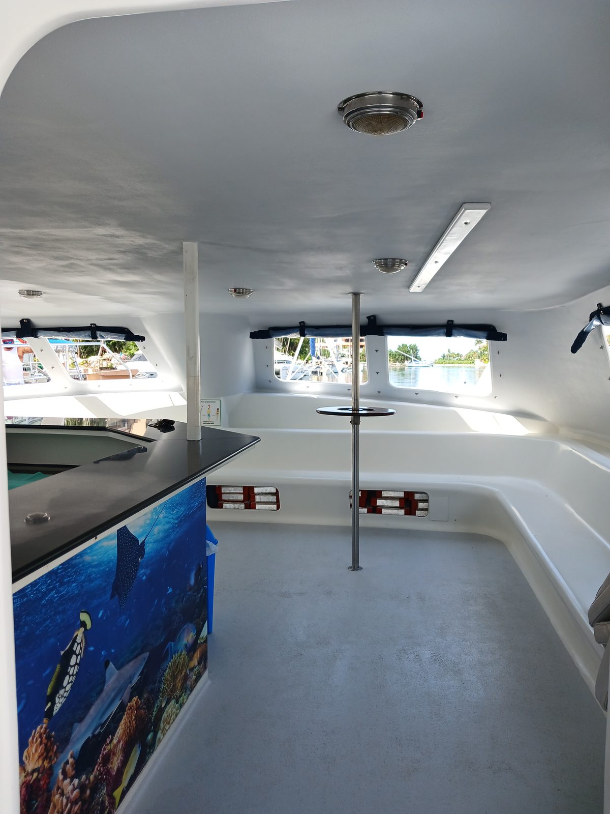 The cabin with its bar and bench seating