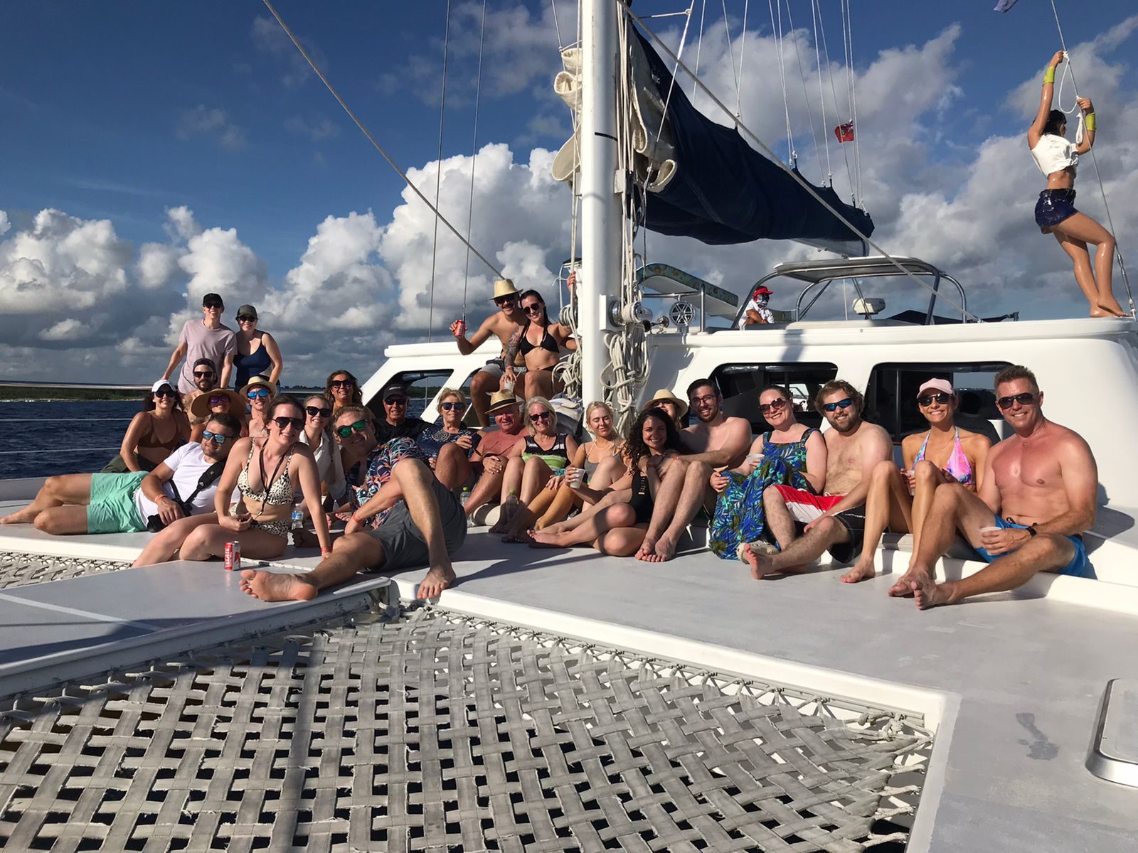 A large group gathered on the bow nets