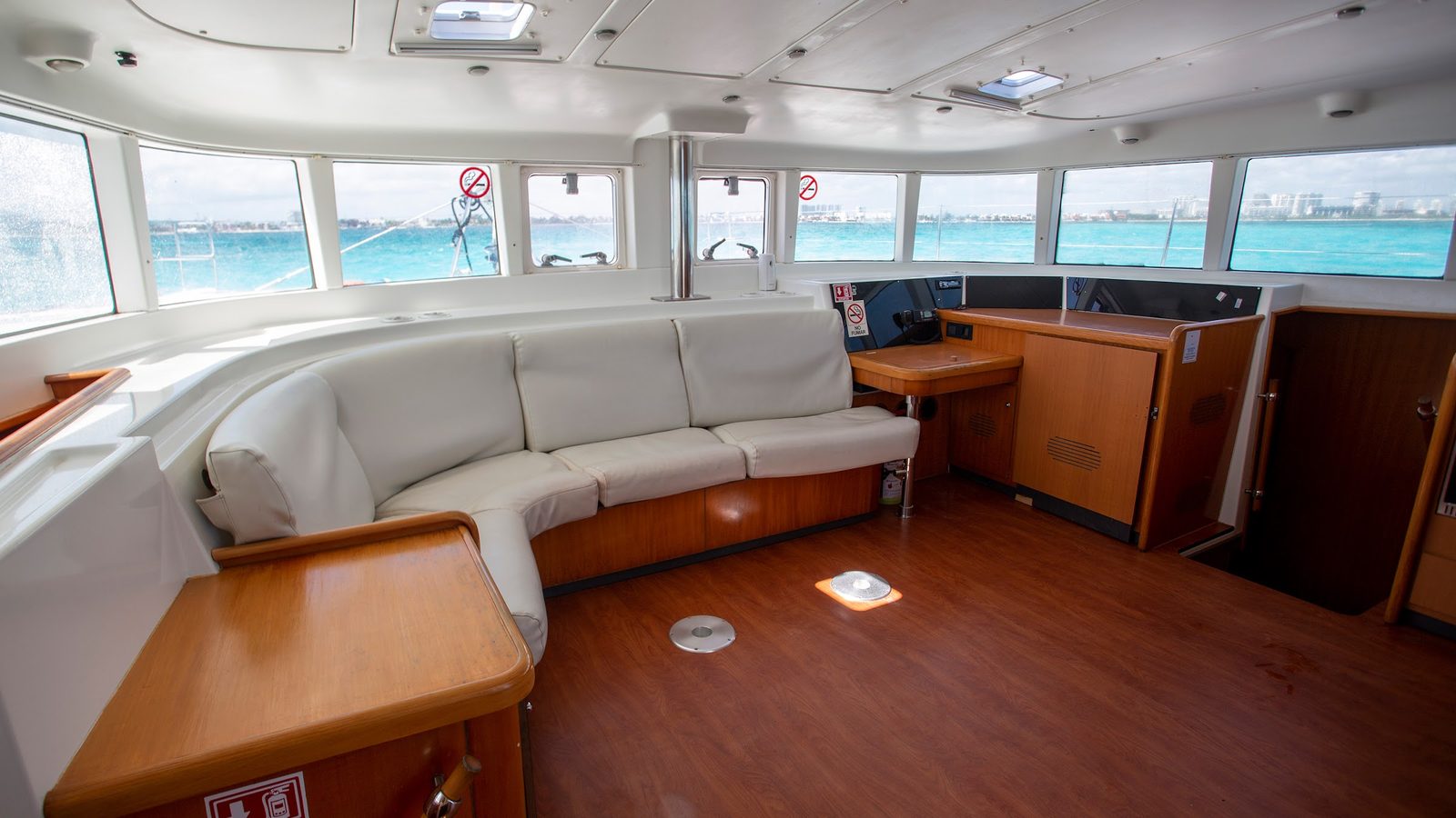 The indoor salon with sea views