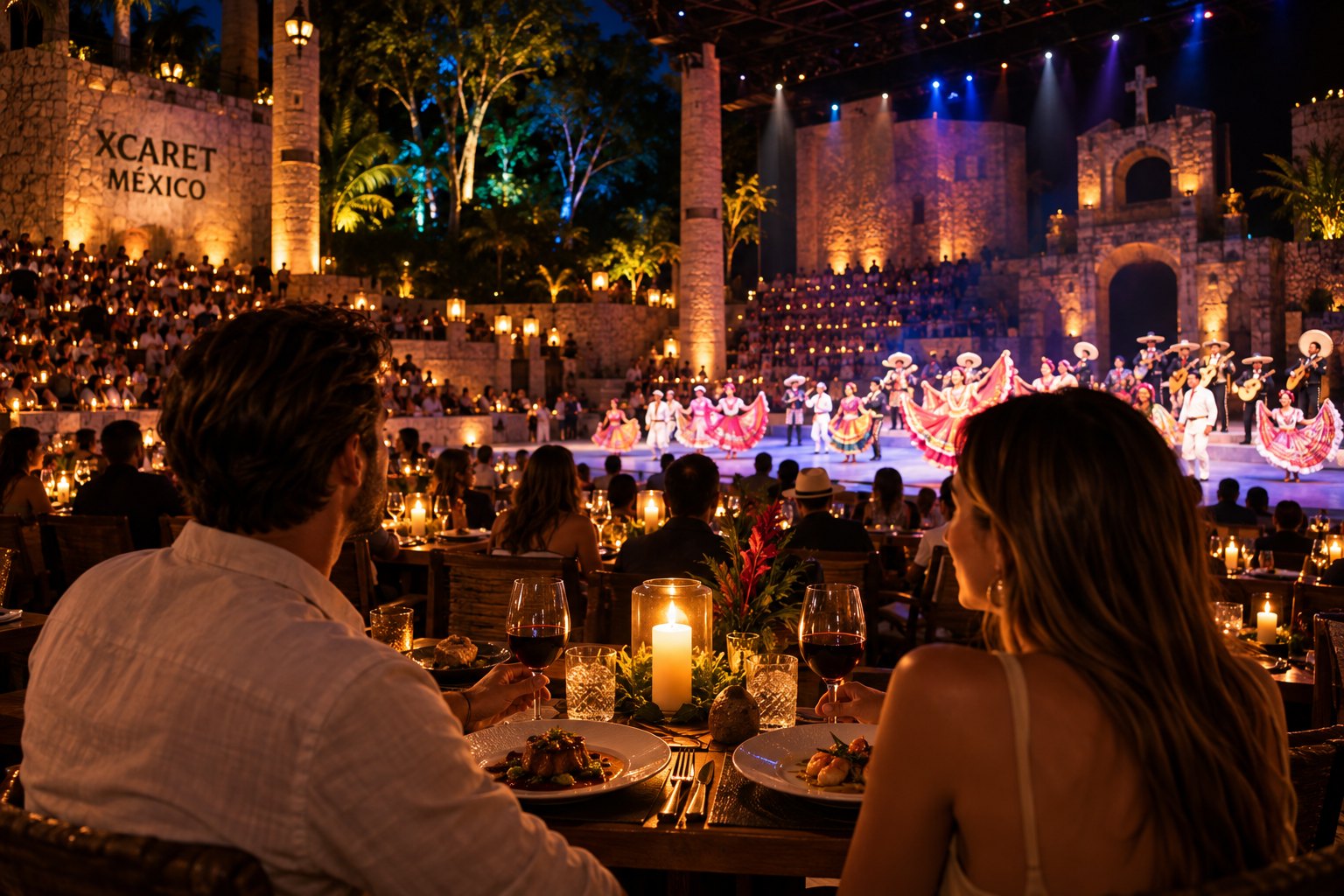Tables set with candles inside the theatre, the show running behind