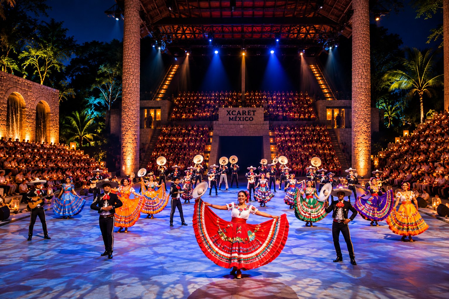 Folk dancers in red skirts filling the stage of the Gran Tlachco