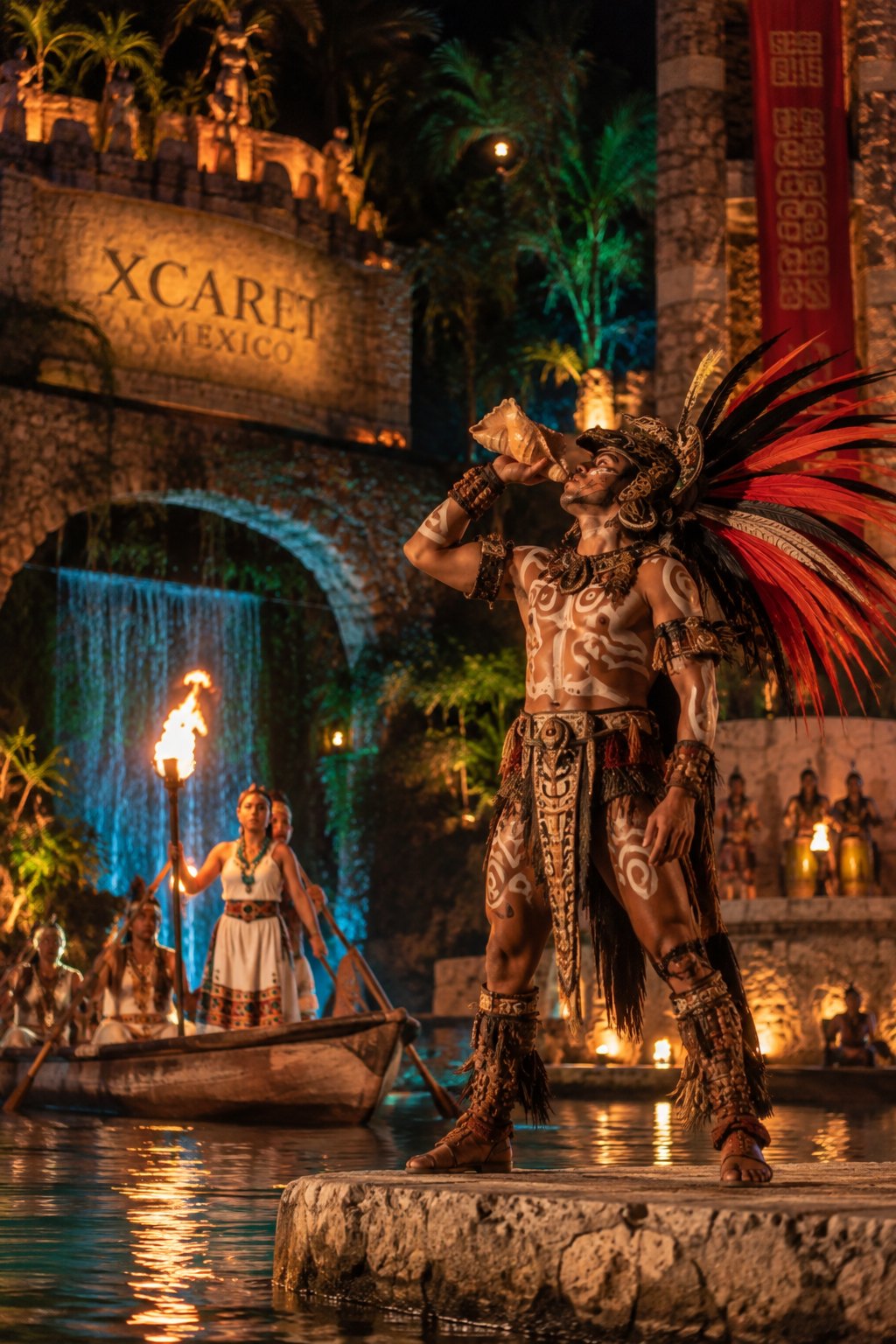 A pre-Hispanic warrior lit by fire