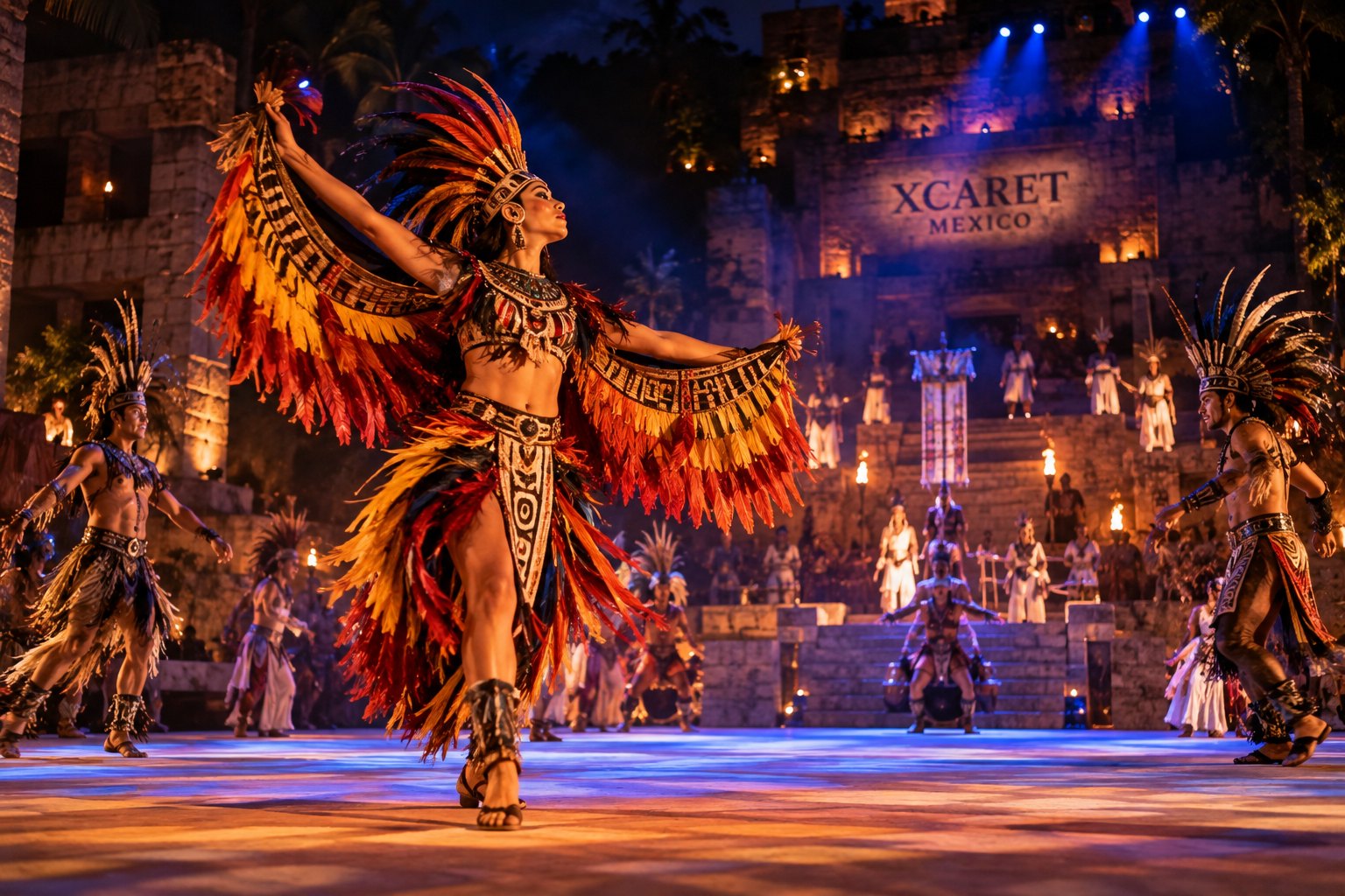 A dancer in a feathered headdress, wings open, centre stage