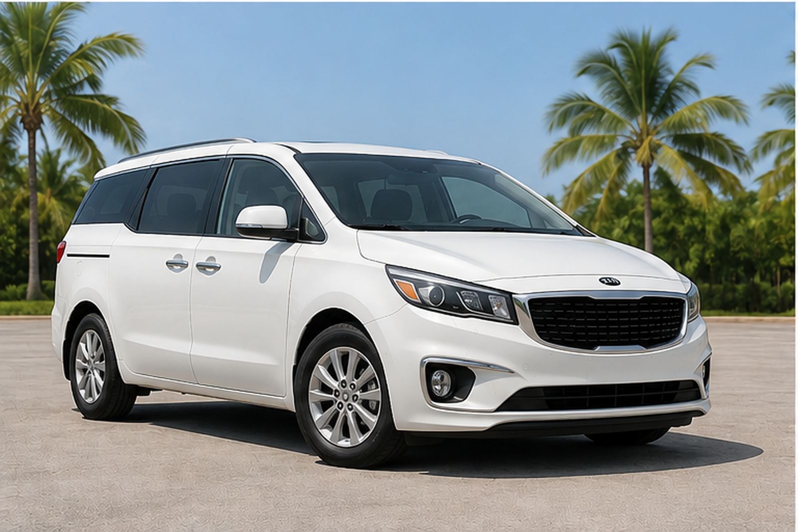 White Kia Sedona minivan parked under the palms
