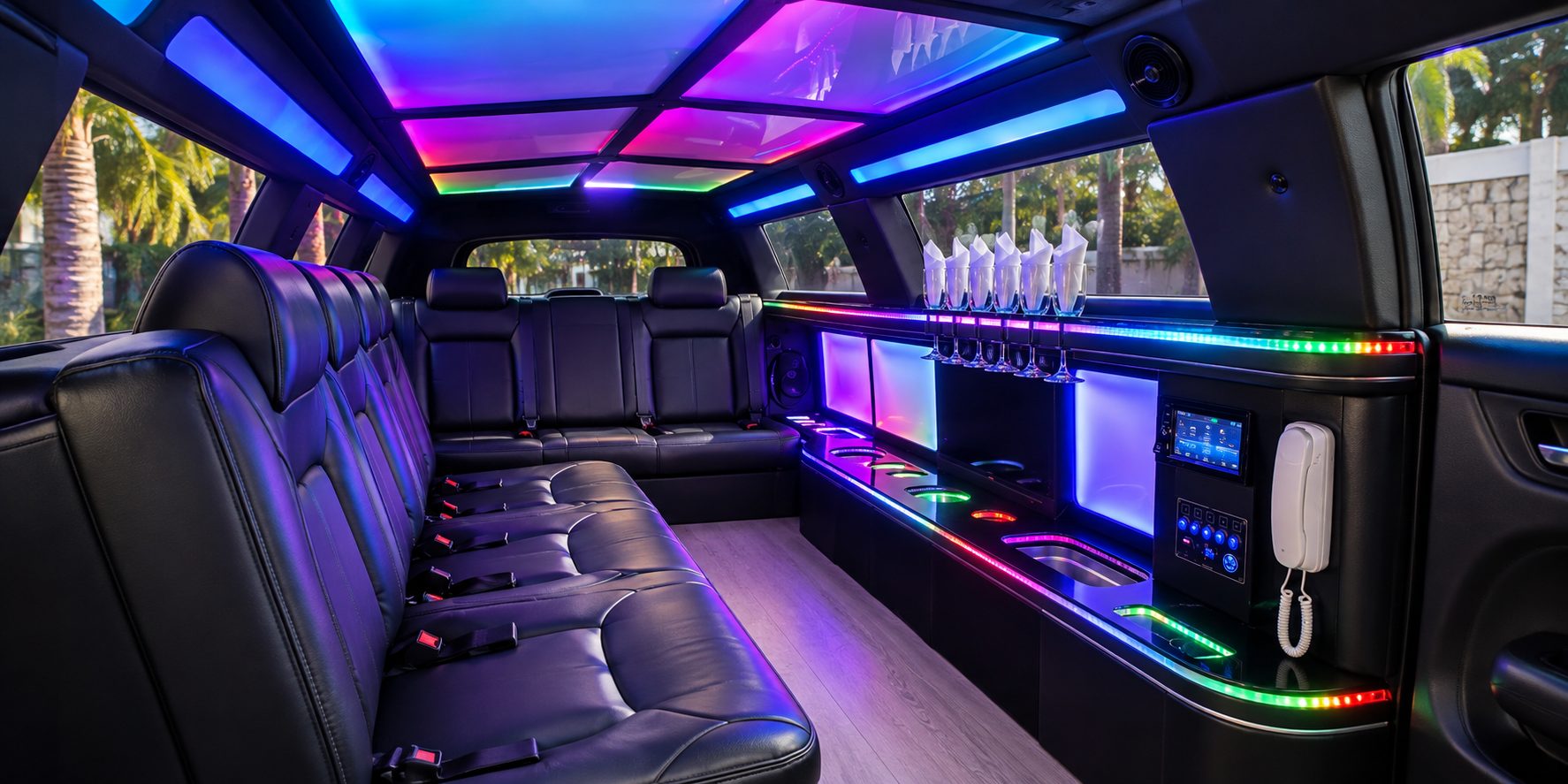 Leather bench seats and mood lighting inside the limousine