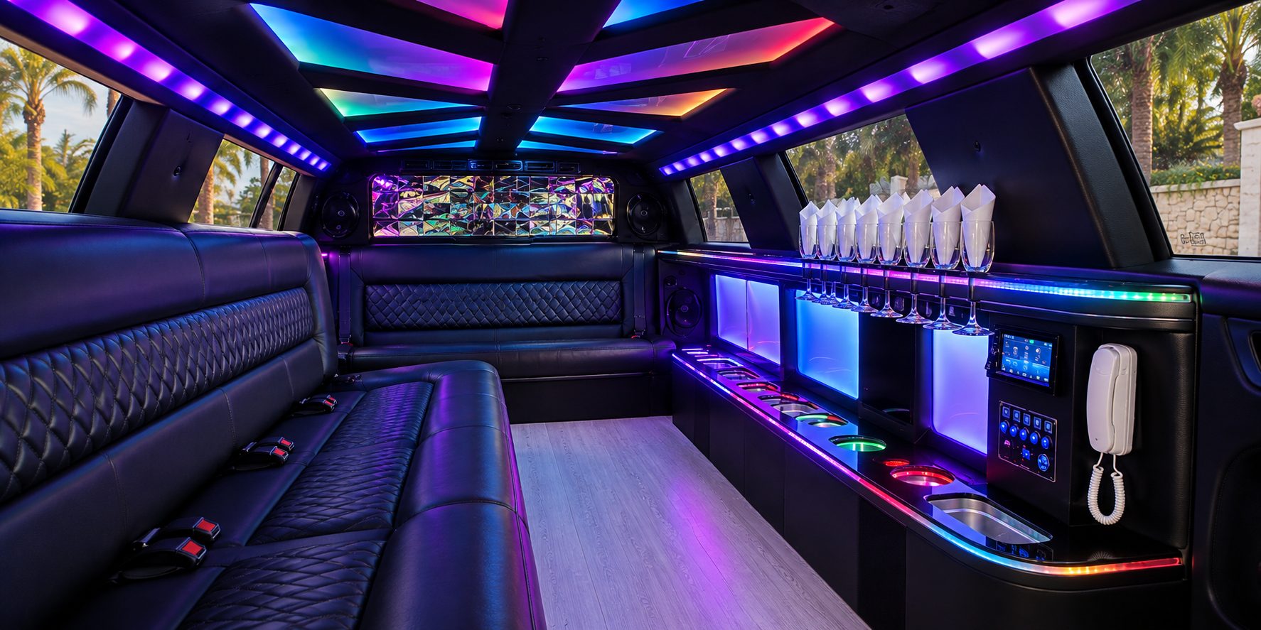 Limousine interior with leather seating, a bar and a lit ceiling