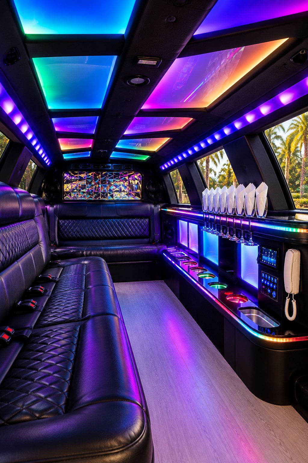 The bar and glassware along the limousine cabin