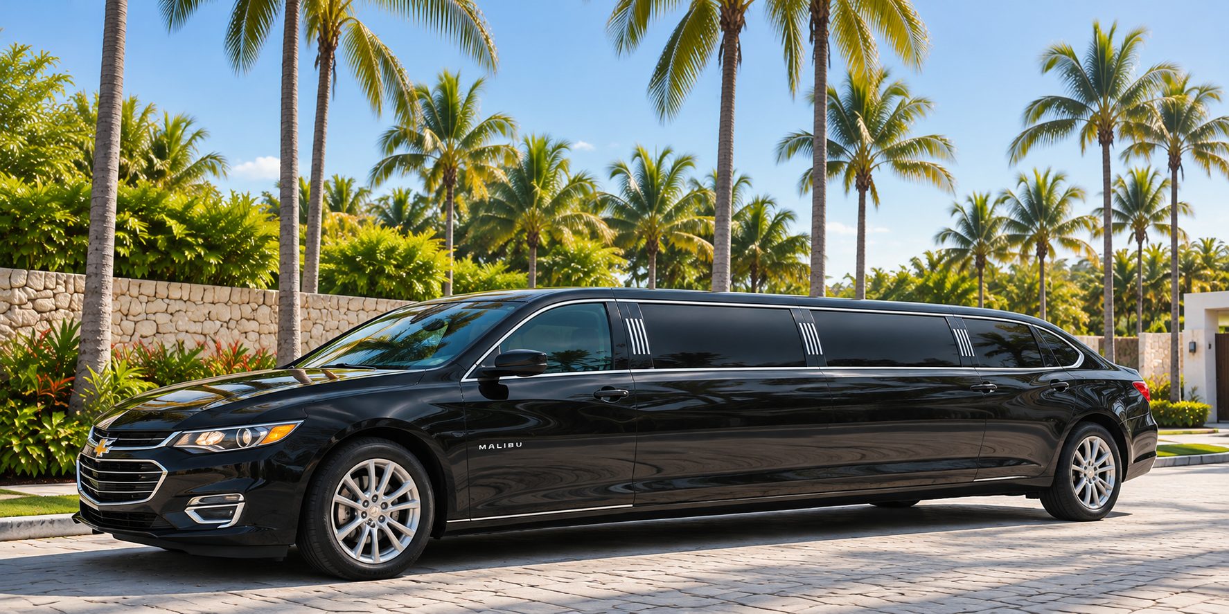 The black Malibu limousine on a palm-lined drive