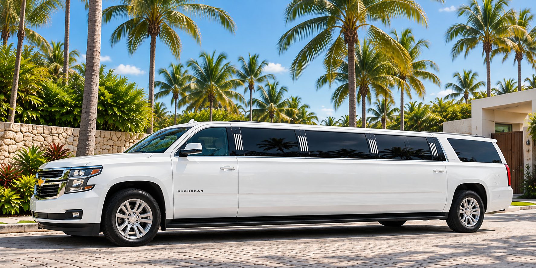 The white Suburban limousine seen from the side