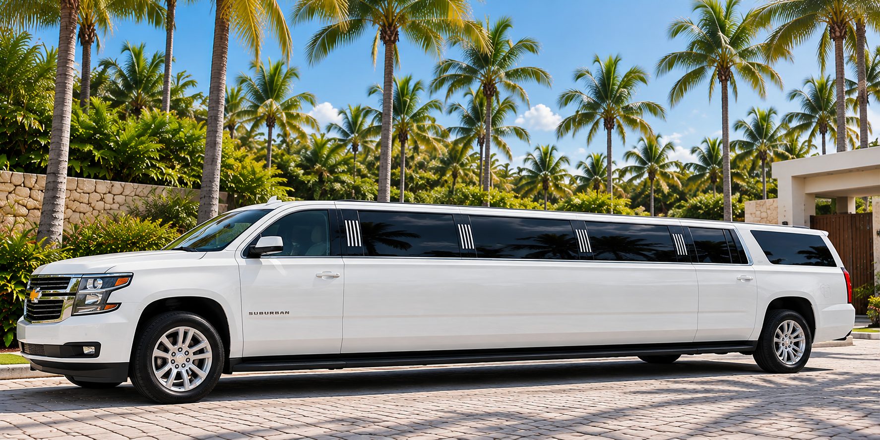 A white stretch limousine parked on a palm-lined drive