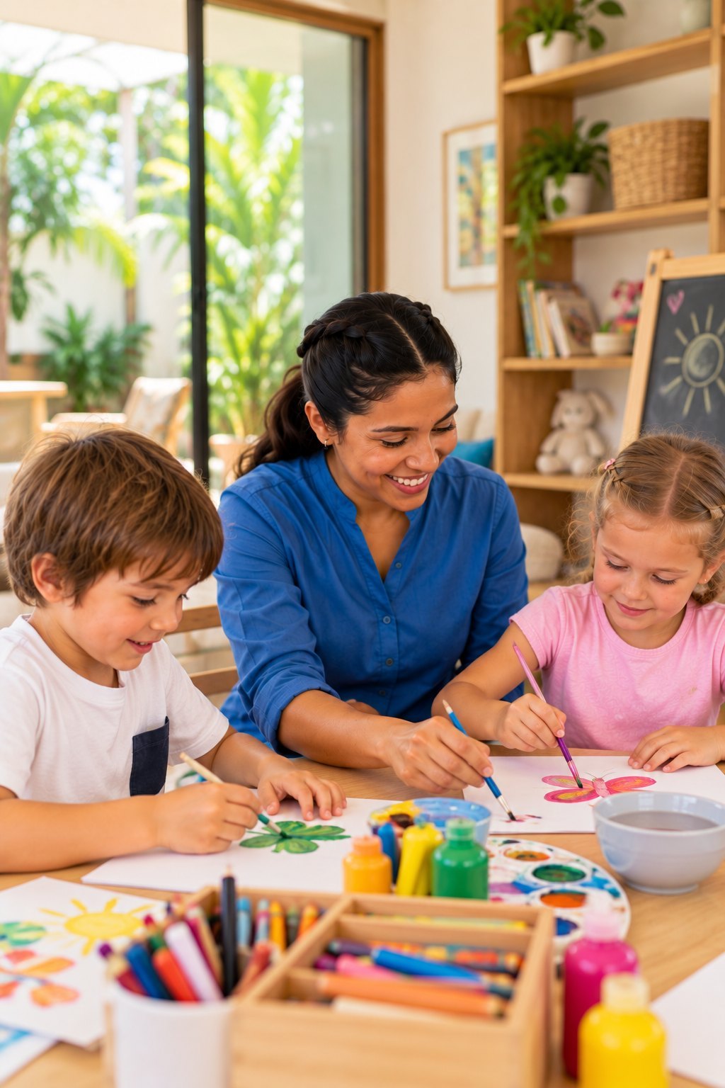 A sitter painting and drawing with two kids at the villa