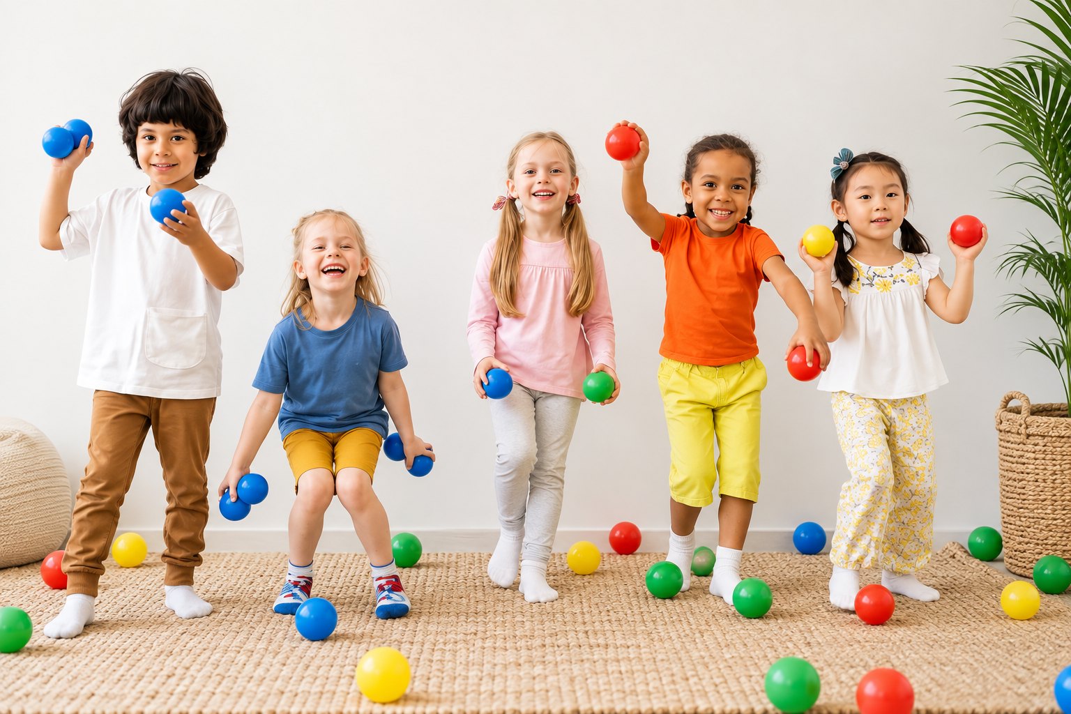 Kids playing with colorful balls in the villa living room