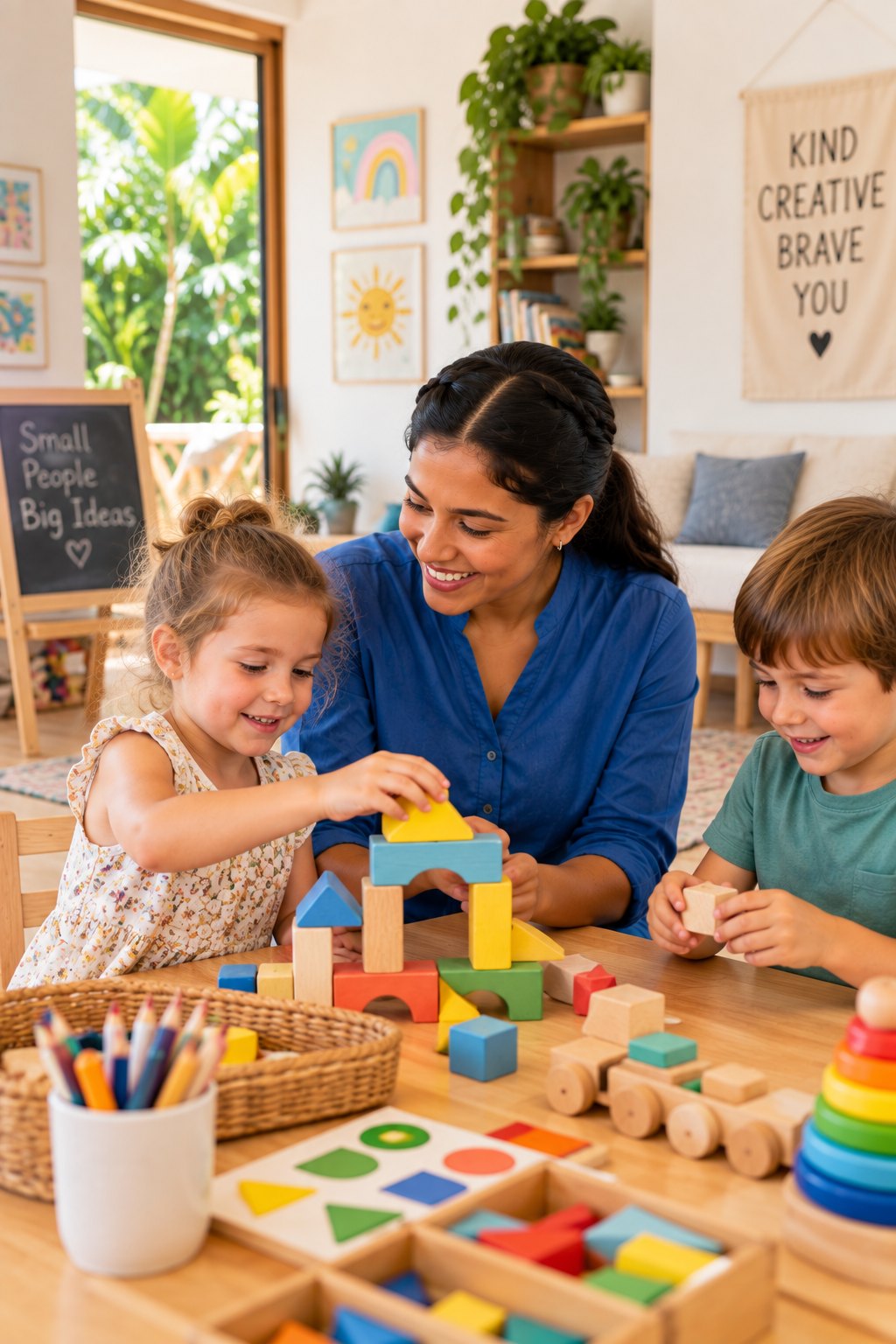 Building with wooden blocks at the table