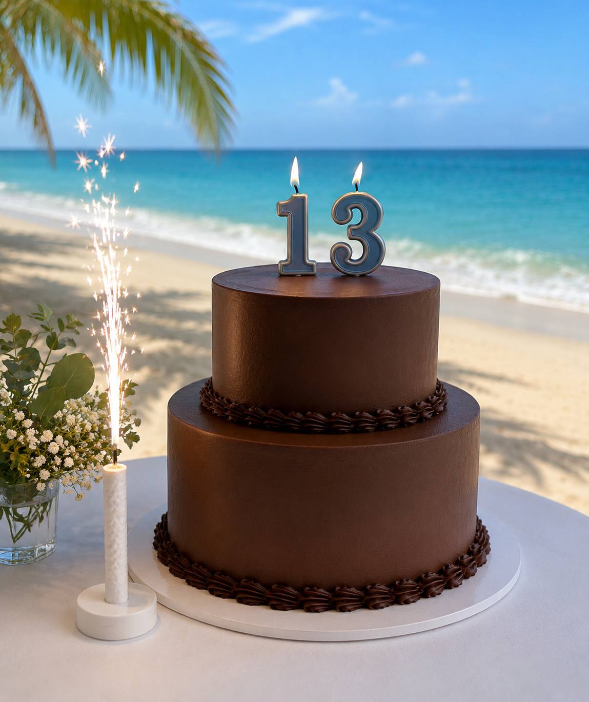 A birthday cake set by the sea