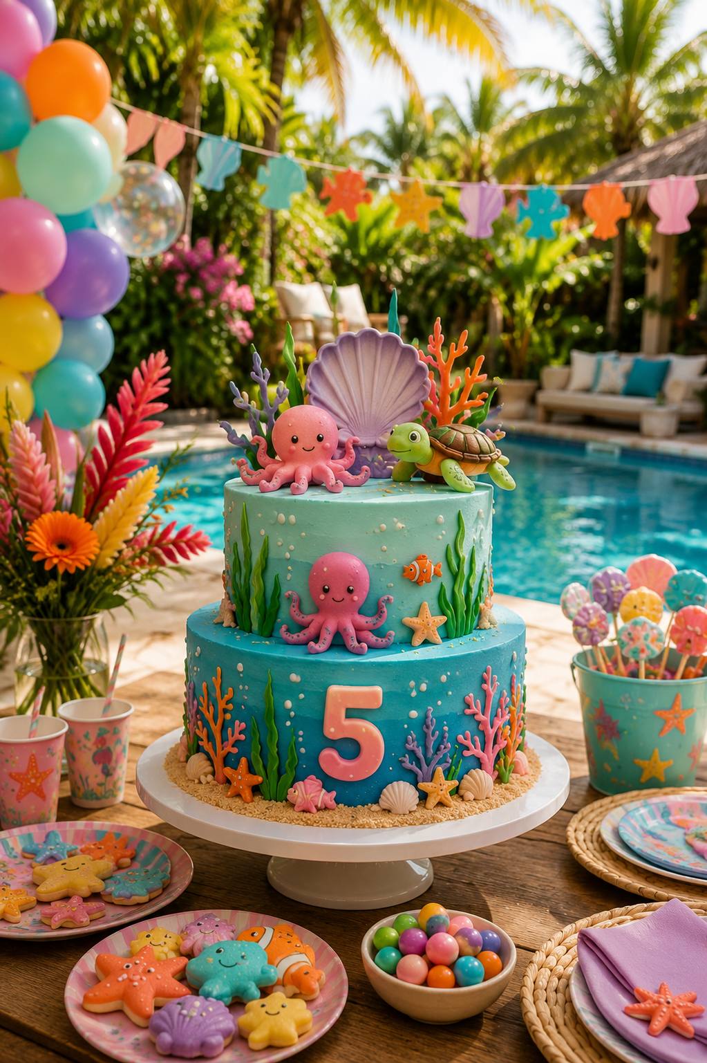 An under-the-sea birthday cake by the villa pool