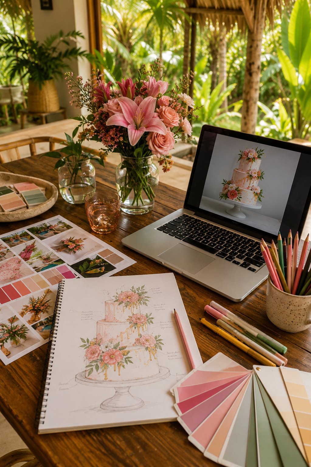 Flowers, sketches and the cake design on the table