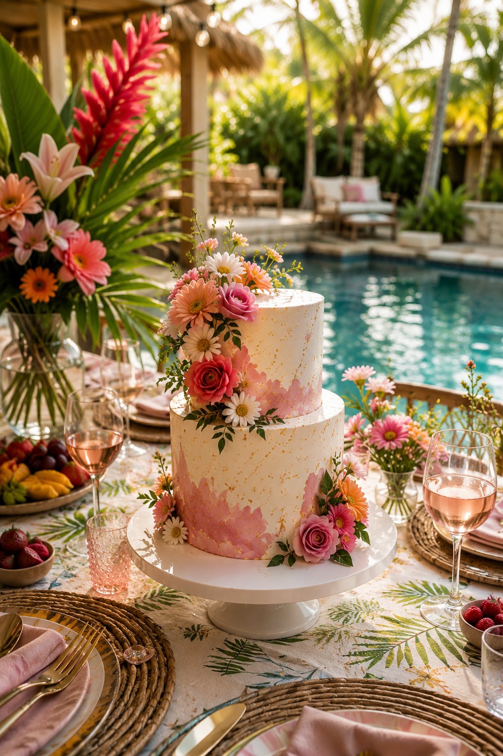 A floral birthday cake set up by the villa pool