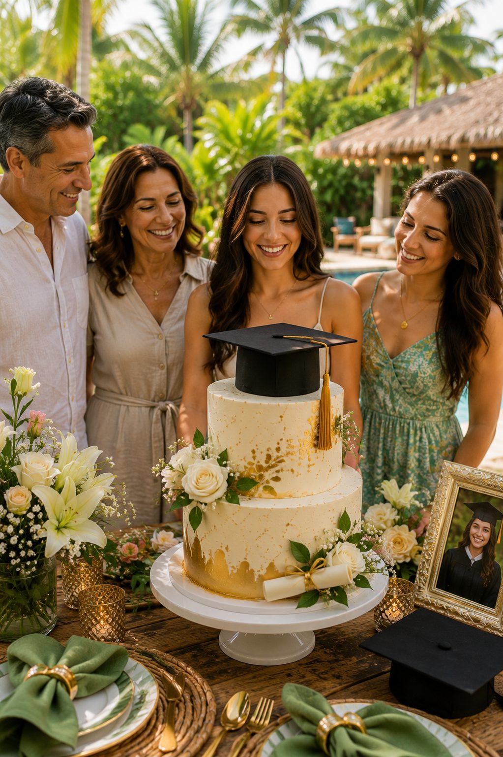 A family celebrating a graduation around a custom cake