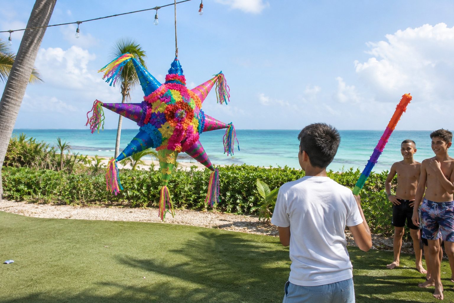 A piñata by the sea at a villa garden party