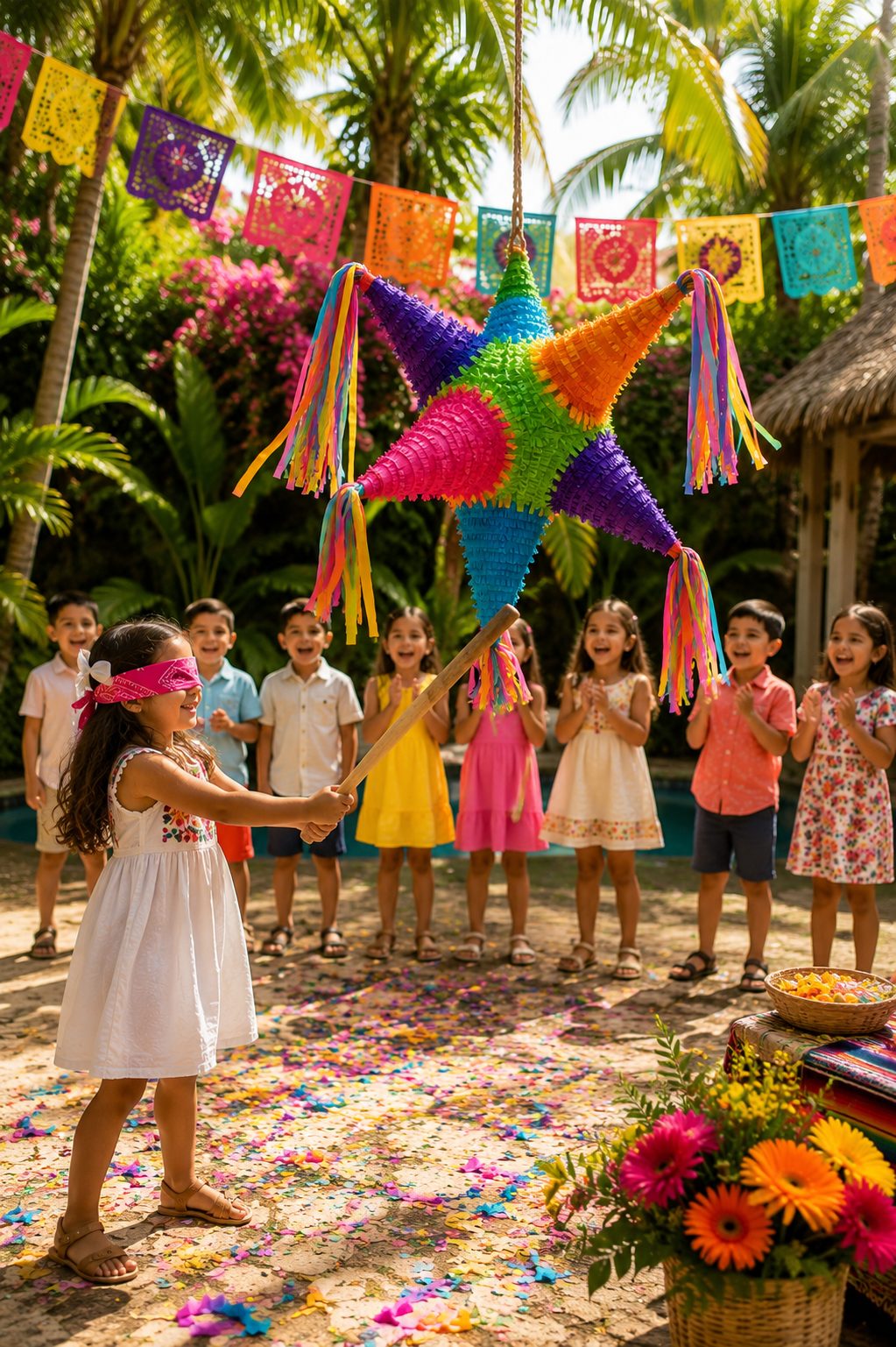 Children around a star piñata at a garden party