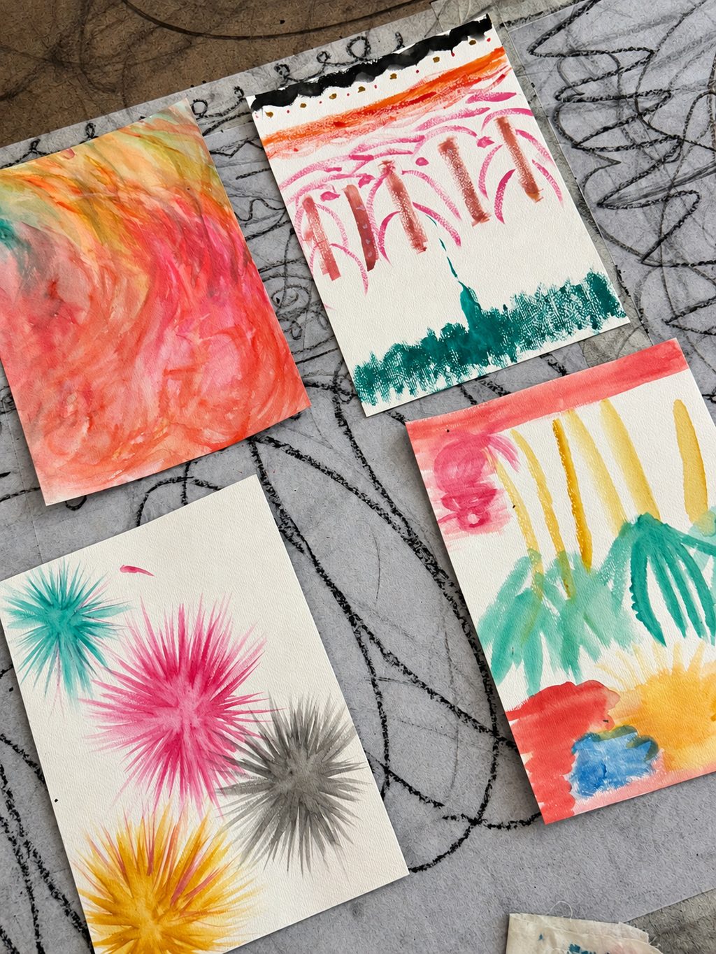 Finished watercolors laid out together