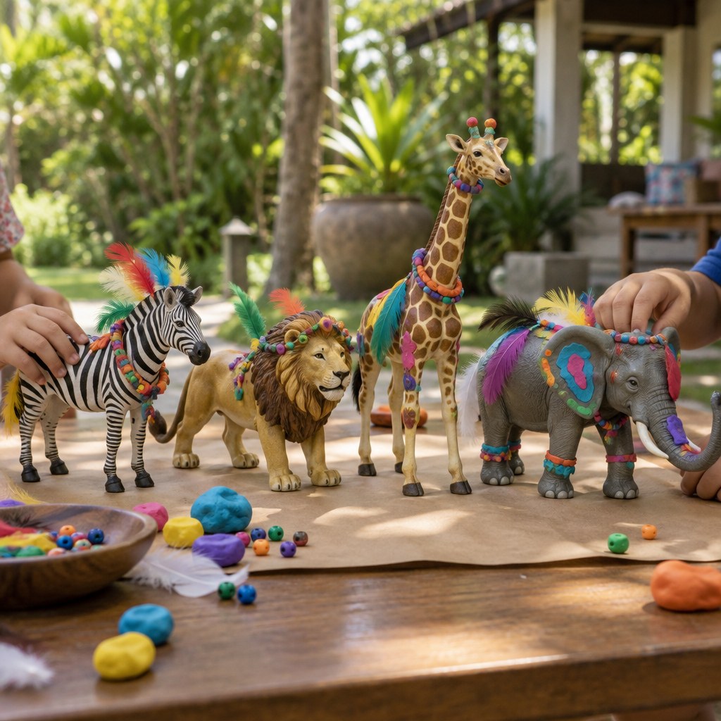 Decorated plastic animal figures lined up like a parade