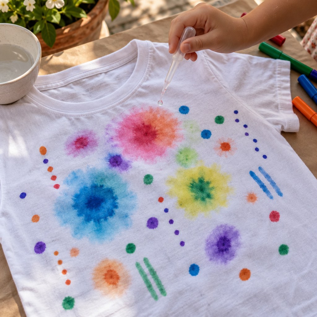 A dropper releasing alcohol on a T-shirt, the marker colors spreading