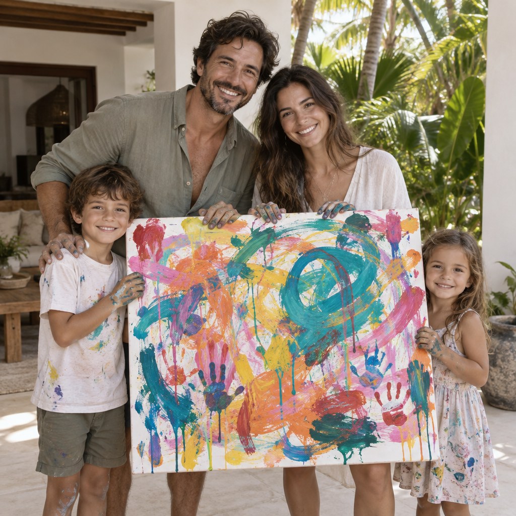 A family holding up the canvas they painted together