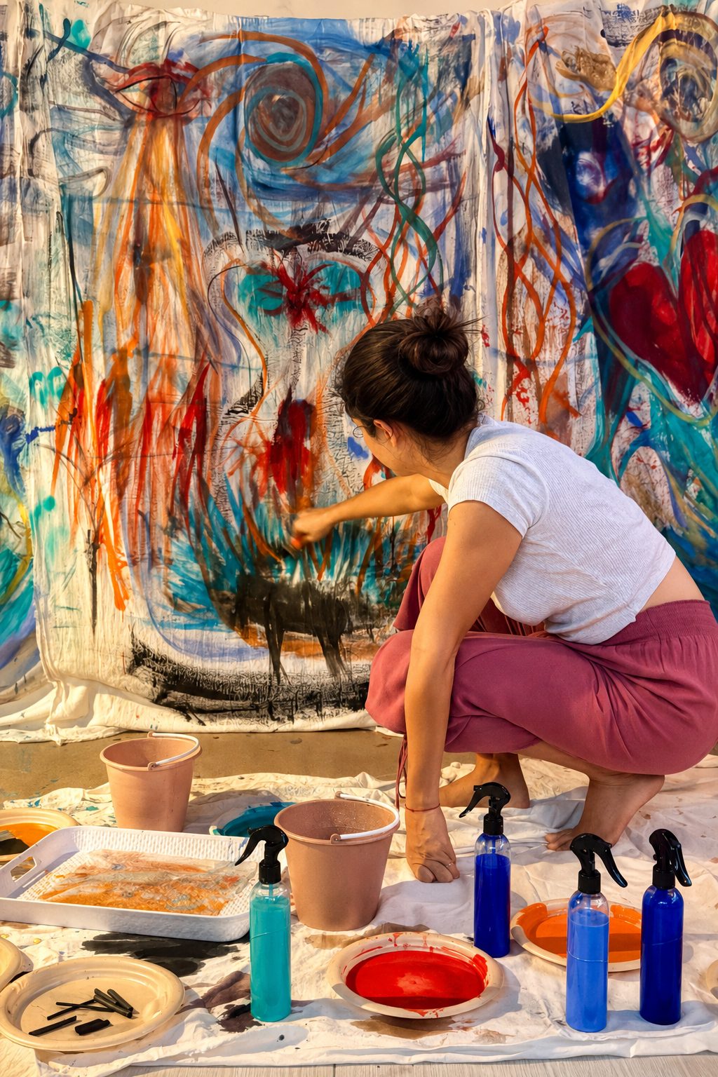 Painting a large fabric close to the floor